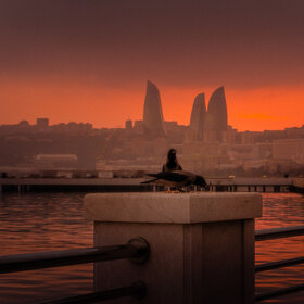 ����. Beautiful sunset at Baku Boulevard.